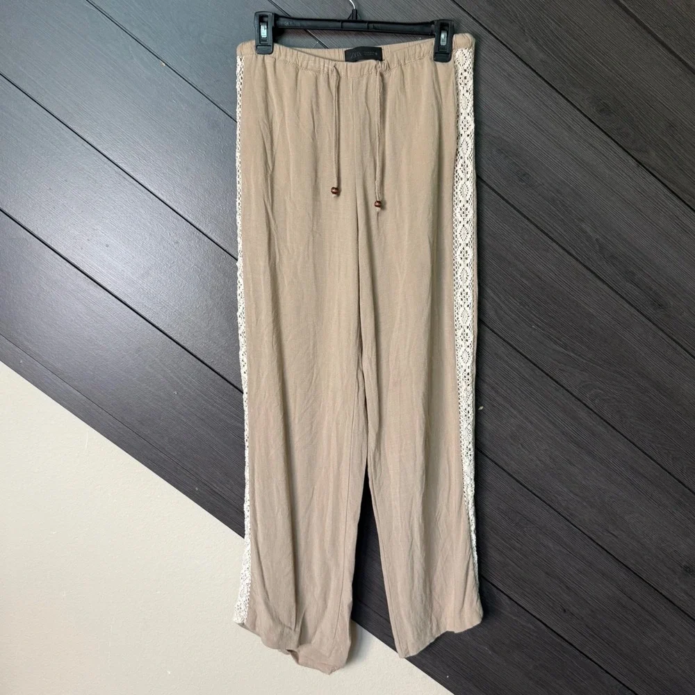 Zara Women's Linen Blend Wide Leg Crochet Trim Pants XS Beige Boho Coastal